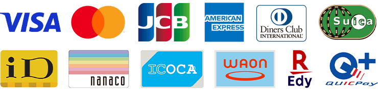 VISA、Mastercard、JCB、アメリカン・エクスプレス、Diners Club INTERNATIONAL、SUICA、iD、nanaco、ICOCA、WAON、楽天Edy、QUICPay